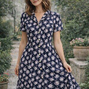 VTG Leslie‎ Fay Dresses Petite Blue Floral Light Preppy Midi Dress (Size 16)